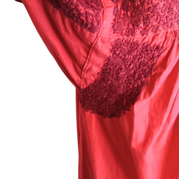 Mexican Oaxacan Red On Red Embroidered Dress Maxi Length Vintage Small Medium - Picture 6 of 16